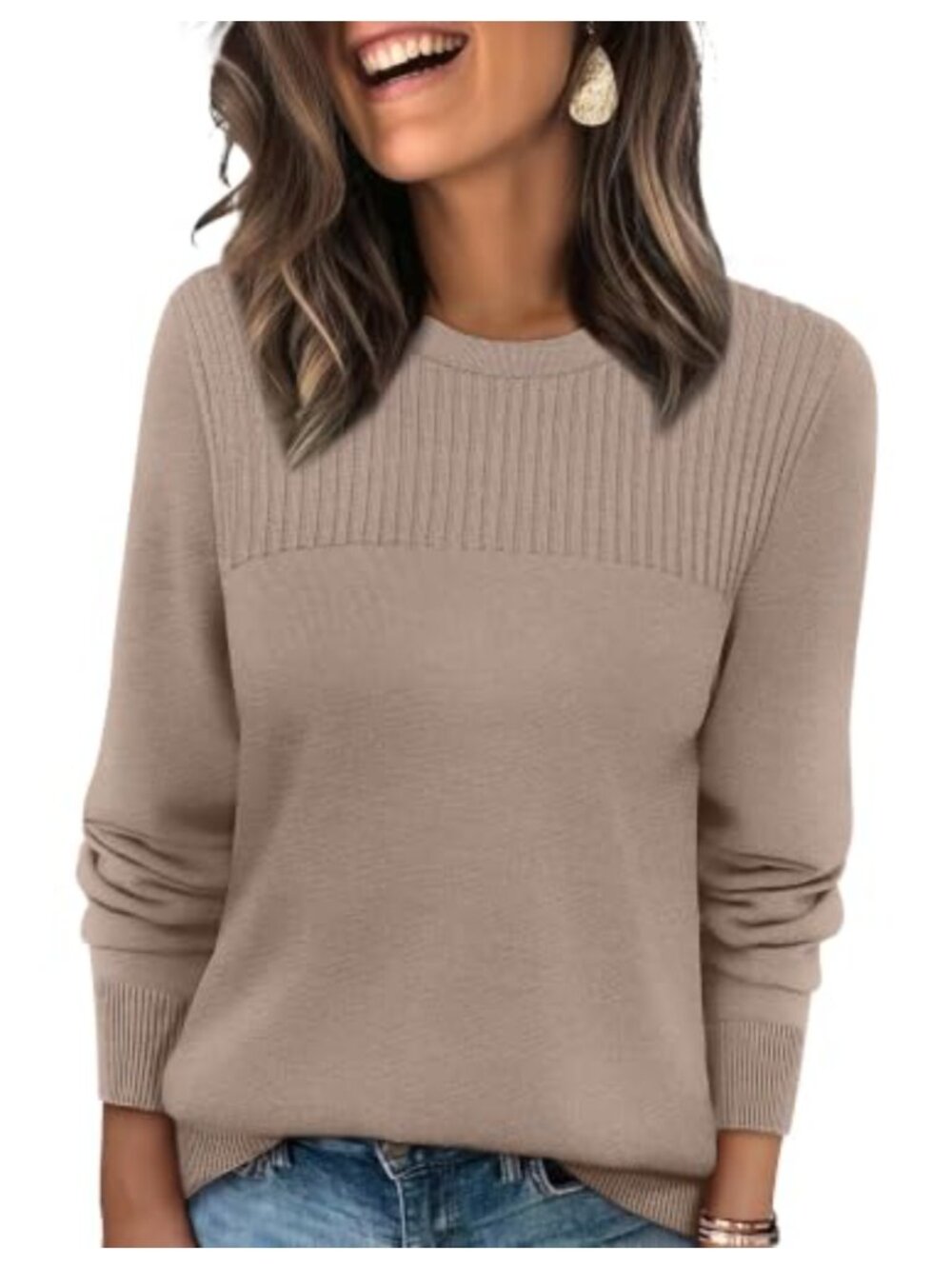 Long Sleeve Crew Neck Pullover Sweater Ribbed Trim Fall Winter